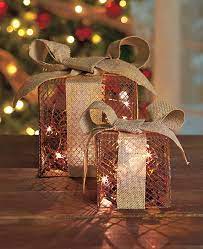 Set Of 2 Wire Mesh Burlap Bow Lighted Gift Boxes Country Christmas Decor Country Christmas Decorations Country Christmas Festive Holiday Decor