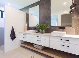 White Drawered Vanity With Matte Black Handles And Timber Under Shelf Twin White Square Basin With Matte Black T Bathroom Bathroom Inspiration Bathroom Design