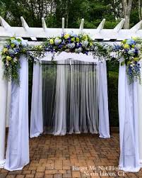 Pergola Decorated With Fabric And Floral Arrangements For A Wedding Ceremony By Forget Me Not Flower S Wedding Pergola Pergola Decorations Wedding Decorations