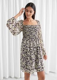 Voluminous Floral Smocked Dress Black Floral Mini Dresses Other Stories In 2020 Smocked Dress Dresses Floral Print Dress