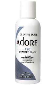 Apply hair color 1/8 from scalp, and Adore Semi Permanent Hair Color 198 Powder Blue 4 Oz