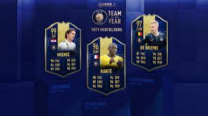 The full toty was already decided, but the ratings of three midfielders, four defenders, and one goalkeeper are still set to be introducing the ratings for your team of the year attackers.#toty #fifa21 bruno fernandes manchester united. Fifa 19 Team Of The Year 99 Modric 96 Kante 97 De Bruyne Hit Fut Packs Futhead News