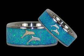 Blue Opal Dolphin Hawaii Titanium Rings Titanium Wedding Ring Sets Titanium Ring Set Titanium Wedding Rings