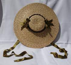 18th Century Shallow Crown Straw Hat Trimmed W Olive Green Etsy Straw Hat 18th Century Green Silk