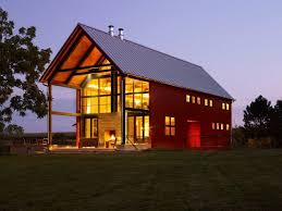 Pole Barn House Plans Big House Metal Roof Red Wall Small Windows Grass Large Glass Door And Wall Por Barn House Design Barn Style House Plans Barn House Plans