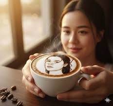 อาหารเช้าพร้อมแล้ว...create an image with the croissant crafted to resemble  a seated (Vespa), accompanied by a cup of cappuccino