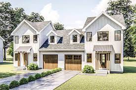 Plan 62771dj Modern Farmhouse Duplex With Extra Deep Garage Duplex House Design Family House Plans Modern Farmhouse