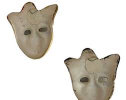 Pair of Carnival Masks in Plaster, Vintage, Size 9x9 Cm