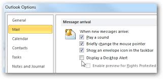 Go to the reminders section: How To Enable Desktop Mail Notification In Outlook 2010 Emailclientexpert