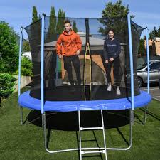 It is patented safety enclosure ties securely to the perimeter of the jump mat, keeping the jumper safely away from the edge of the mat. Aleko 10 Ft Trampoline With Safety Net And Ladder In Black And Blue Trp10 Hd The Home Depot