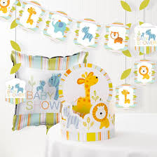 This charming white ruffle cake looks dreamy with the plastic animals on top. The Party Aisle Happi Jungle Baby Shower Decoration Kit Wayfair