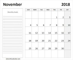 Printable November 2018 Calendar Monthly Goals Editable Monthly Goals Monthly Calendar Calendar