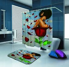 Black Art Shower Curtains 27 99 African American Woman On A Red Rose Afrocentric Shower Curtain Bathroom Decor Apartment Girl Bathroom Decor Afrocentric Decor