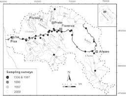 Map showing the Arno river catchment and its major tributaries ...
