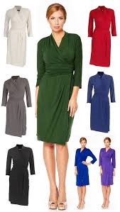 Womens Smart Wrap Knee Length Jersey Casual Business Dress With Sleeves 8 To 24 Evening Dresses With Sleeves Business Casual Dresses Womens Dresses