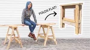How To Make Strong Heavy Duty Wood Folding Diy Sawhorses With These Free Plans And Video Tutorial Folding Sawhorse Sawhorse Saw Horse Diy