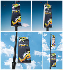 4 photorealistic lamp post banners mockup. Lamp Post Banner Mockup In Outdoor Advertising Mockups On Yellow Images Creative Store