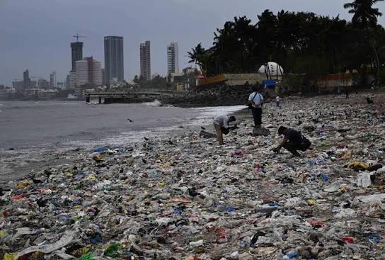 InPics | Piles of plastic waste, including single-use plastics and  household debris, washed ashore at Mumbai's Dadar Chowpatty following  monsoon tides. The accumulation highlights the ongoing challenge of marine  pollution and the