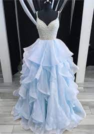 Light Blue Tulle Open Back Long Beaded Spaghetti Straps Ruffles Prom Dress Promdress Ruffle Prom Dress Prom Dresses For Teens Pretty Prom Dresses