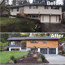 Front exterior of a stunning split level home with a modern feel. Trendy Split Level Remodel Exterior Before And After Fixer Upper 35 Ideas House Makeovers House Exterior Home Exterior Makeover