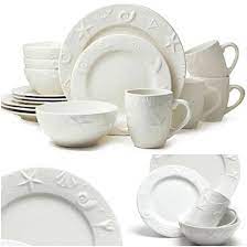 Elegant white themed coastal christmas table setting. White Sea Life Shell Embossed Coastal Dinnerware Sets Plates Platter Coastal Decor Ideas Interior Design Diy Shopping