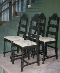 Antique Black Wood Ladder Back Chairs With Upholstered Seats By Theoldgreengarage On Etsy Ladder Back Chairs Wood Ladder Black Wood