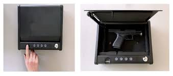 A secure gun safe with biometric locking technology in a modern home setting.