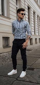 Black And White Striped Button Up Shirt Outfit Tommeezjerry With A Summer Outfit Idea With A Blue White Striped Button Up Shirt With Rolled Up Mens Summer Outfits Summer Outfits Men Stylish Mens Outfits
