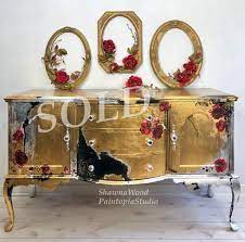 Sold Example Of Gold Buffet Black Silver Dresser Handpainted Furniture Gold Silver Leaf Boho Furniture Hand Painted Furniture Silver Dresser