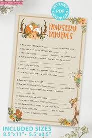 These baby shower games are all about making predictions. Nursery Rhymes Baby Shower Game Woodland Press Print Party