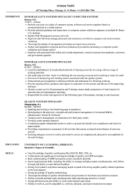 Quality Systems Specialist Resume Samples Velvet Jobs