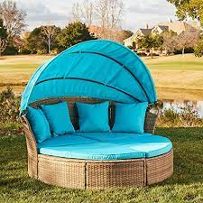 The wicker base of this round table gives it a breezy bohemian feel, and the overall size makes it great for small gatherings. M W Patio Furniture Round Outdoor Daybed With Retractable Canopy And Soft Cushions Pe Wicker Rattan Sectional Sofa Set For Lawn Garden Backyard Pool Pricepulse