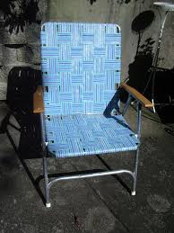 Folding Chair Tube Aluminum Web Wood Arms Vtg 1970s Blue White Camping Picnic Chair Patio Chairs Wood Arms