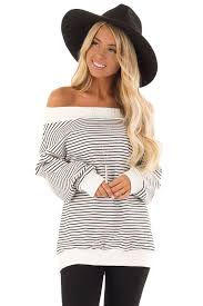 Black And White Striped Tunic Tops Black And White Striped Long Sleeve Off The Shoulder Top Front Close Up Fashion Off The Shoulder Tunic Tops