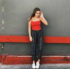 Aesthetic Black And White Striped Pants Outfit Ideas Brandy Melville Red Tank And Striped Trousers Street Style Street Fashion Best Street Style Ootd Ootd Insp Brandy Melville Outfits Fashion Clothes