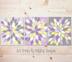 A chic romantic grey and yellow bedroom with dove grey walls, a metal bed, grey and yellow floral textiles and blooming branches. Popular Items For Purple Yellow Gray On Etsy Grey Wall Art Purple Wall Art Flower Wall Art
