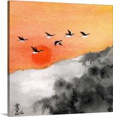 Sunset Birds Flying In The Sky Painting Zen Sunset Sunset Wall Art Sunset Painting Black And White Landscape