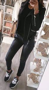 Fall Outfits Leather Jacket Ripped Skinny Jeans Black Top Sneakers Street Style Outfit Cute Fall Outfits Leather Jacket Outfits