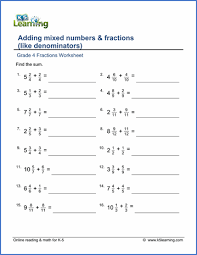 1/6 + 2/6 = 3/6). Grade 4 Math Worksheets Adding Mixed Numbers Fractions K5 Learning