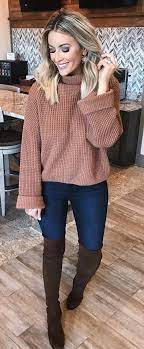 Brown And Denim Knit Sweater Over Knee Boots Skinny Jeans Phong Cach Thời Trang Trang Phục Phụ Nữ Trang Phục Style