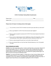 Electronic reporting options are available to reduce the burden on providers reporting test results. Covid 19 Antibody Testing Patient Questionnaire Patient Name Date Pa