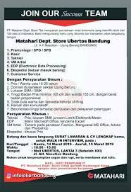Cara melamar kerja di indomaret menjadi salah satu karyawan indomaret cukup menjanjikan dengan upah gaji terendah sesuai standar umk/umr yang telah ditentukan pemda (pemerintah daerah) serta beberapa tunjangan lain yang cukup menggiurkan, apalagi ada juga program jenjang karir yang bisa diikuti oleh seluruh karyawan. Lowongan Kerja Pt Matahari Dept Store Ubertos Bandung Maret 2019 Info Loker Bandung 2021