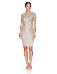 Adrianna Papell Women S Petite Leafy Beaded Short Sleeve Sheath Dress Platinum 12p Dresses Beaded Cocktail Dress Cute Dresses