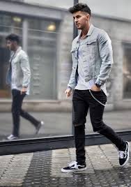 Black And White Dress With Jean Jacket Fall Outfit Inspiration With A Denim Jacket White T Shirt Black Ripped Denim Black Old Skool Vans Mens Fashion Chinos Mens Streetwear Urban Mens Casual Outfits