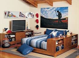 Pleasant Boy Bedroom Idea With Great Wooden Bed Frame With Bookshelves And Cool Blue Striped Bedding A Boy Bedroom Design Teenager Bedroom Boy Boys Room Design