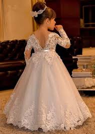 White Lace Flower Girl Dresses Long Sleeves Kids Ball Gowns Long Floor Length Appli Long Flower Girl Dresses Wedding Dresses For Kids Flower Girl Dresses Tulle