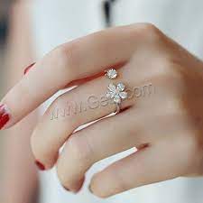 925 Sterling Silver Cuff Finger Ring With Crystal Flower Platinum Plated Faceted With Rhinestone 7 15mm Us R Rings For Girls Stylish Rings Ladies Diamond Rings