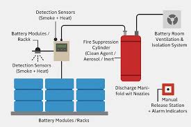 배터리 모듈 내부에 삽입된 에어로졸 소화 장치와 랙 상단의 오프가스 감지 센서 등 다중 안전 장치 구성도
