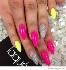 You can do more than one nail. Pink And Yellow Neon Nails Oval Nails Pink Summer Nails Neon Nails