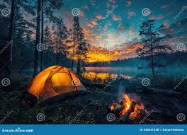 Cozy Tent Camping in Forest Near River and Campfire at Sunset Stock Photo -  Image of extreme, hike: 333641348